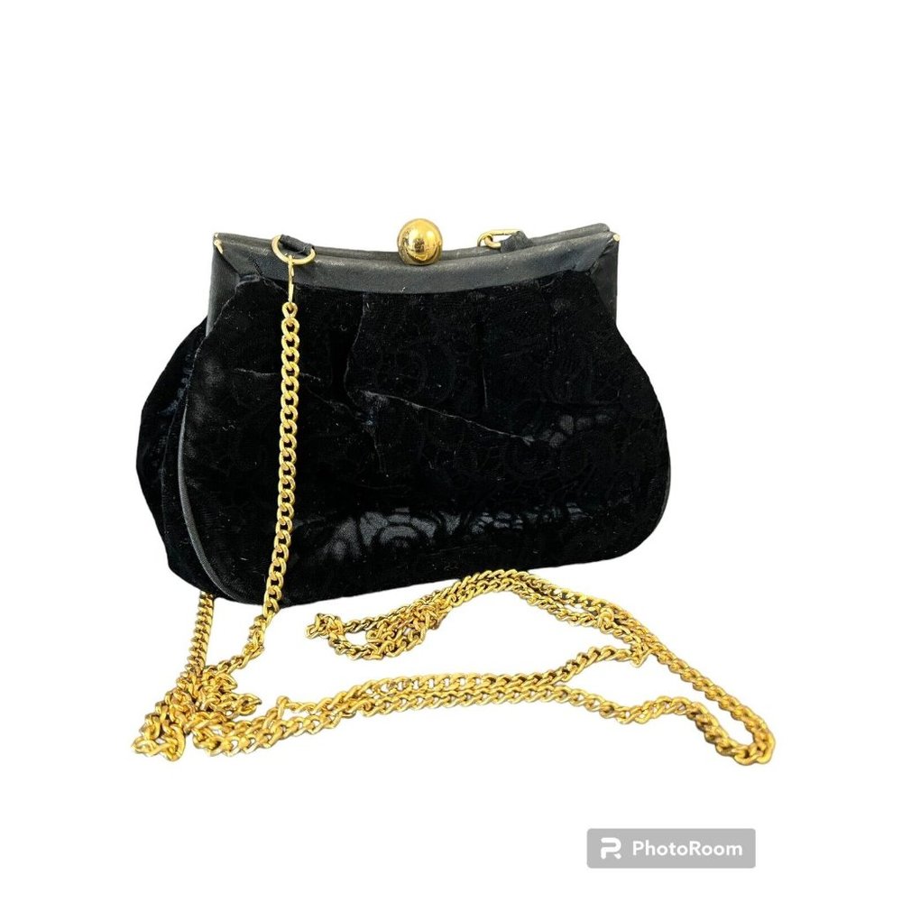 Vintage Bechamel Black Crushed Velvet‎ Evening Bag Long Gold Tone Chain Hinged
